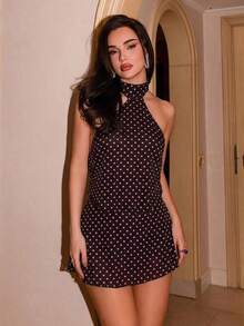 Vestido casual sin mangas con estampado de lunares y espalda descubierta para mujer - Marrón Chocolate - Ver 4