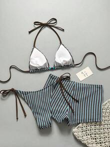 Conjunto de traje de baño de verano para mujer, elegante, romántico, casual, dulce, lindo y sexy.Conjunto básico y versátil de top de bikini halter con estampado floral azul y blanco, Bottom triangular y shorts, apto para playa, resort, spa, lun - Multicolor 6 - Ver 3