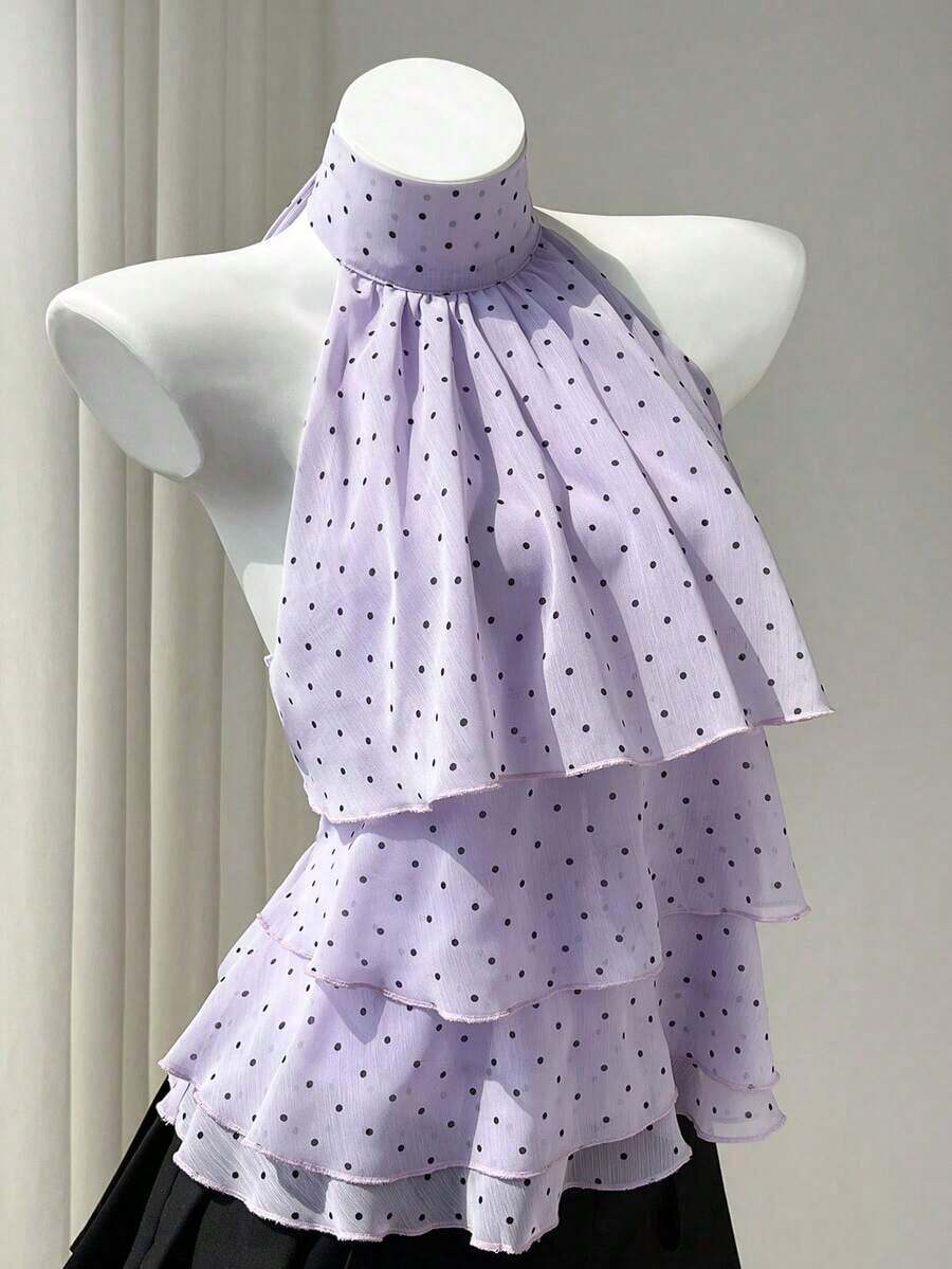Blusa elegante sin mangas con cuello de tortuga, volantes y lunares para el verano - Morado - Ver 1