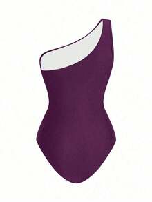 Conjunto de traje de baño de una pieza sin mangas de unicolor con falda pareo para mujer - Morado - Ver 3