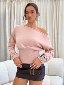 Jersey marrón de manga larga, cuello ajustado y hombros asimétricos descubiertos para mujer, para otoño/invierno - Rosa Pálido - Ver 4