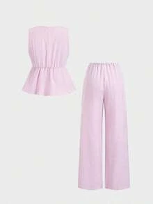Sweetro Set de 2 piezas: Pantalones rectos con cordones y rayas, estilo callejero para mujer, verano - Rosa - Ver 8