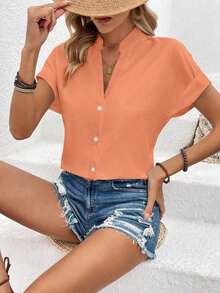 Blusa casual de verano de unicolor con botones delanteros y mangas cortas para uso diario - Naranja 2 - Ver 5