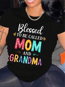 Women's Oversized T-Shirt With "Blessed To Be Called Mom & Grandma" Print - Short Sleeve Blouse With Chinese And English Print, Round Neck, Loose Fit For Casual Outfits, Ideal As A Gift For Mom And Grandma - 黑色 - 查看 1