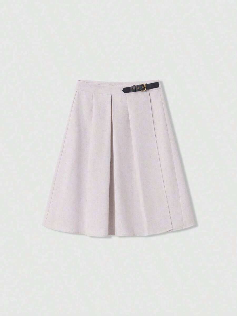 Luminelle Falda de cuero PU con cintura acampanada y ajustable para mujer, otoño - Blanco - Ver 1