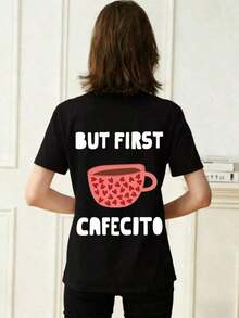 Camiseta de manga corta y cuello redondo de verano, estampado de corazón rosa y taza de café, con texto en inglés, corte holgado casual, adecuada para verano, playa, calle, diario, trabajo, de oficina, salida, festival, festival deúsica, San Valentín,-Soft Fabric - Negro - Ver 9