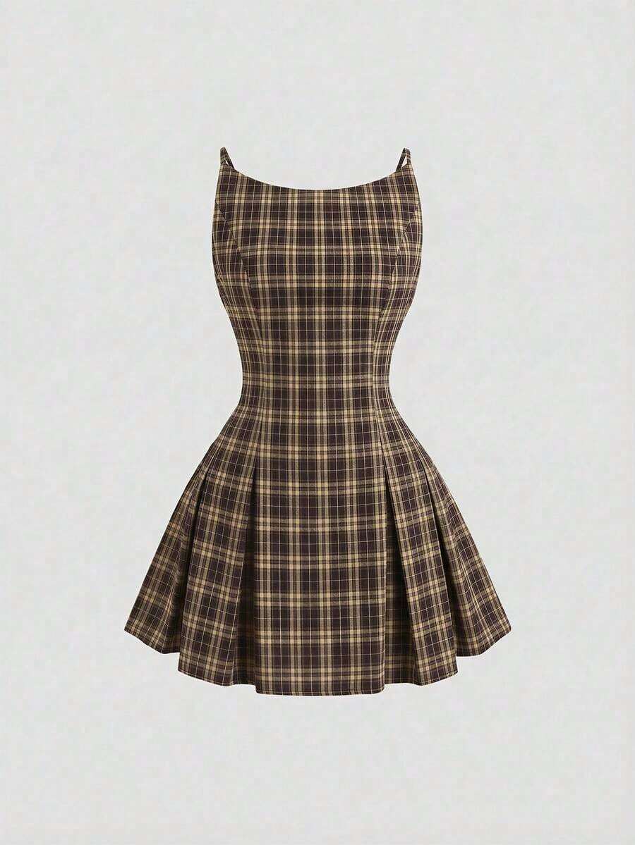 Elegante vestido mini ajustado sin mangas con estampado de cuadros - Marrón - Ver 1