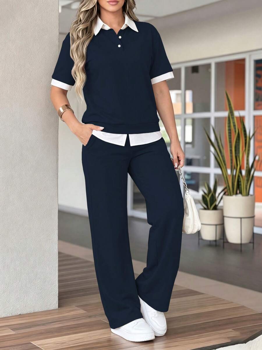春秋女款新款 Polo 領短袖 T 恤與休閒日常彈性腰鬆身長褲 2 件套,運動通勤套裝,優雅 - 藏青色 - 查看 1