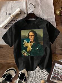 Camiseta Gráfica de Mujer con Diseño de Billetes de Dinero y la Mona Lisa en Negro - Camiseta Casual de Manga Corta con Diseño de Arte Abstracto, Lavable a Máquina para Fiestas y Ropa Casual, Ropa de Ocio| Camisa de Diseño Divertido| Camiseta Y2k Allseason Top - Negro - Ver 1
