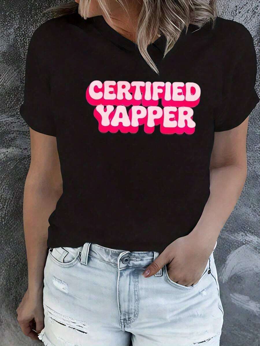 Summer Tops: Yapper Women's 220g Heavyweight Graphic Print T-Shirt - White, Crew Neck, Casual Style, Comfortable Fit For All Seasons, Machine Washable, Eye-Catching Top For Confidence And Bold Styles Every Day. Summer Clothing. - 黑色 - 查看 1