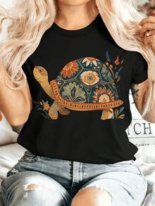 Plus Size - Plus Size - Mujeres Plus Size Arte de verano de la tortuga de las señoras imprimir cuello de la tripulación camiseta de manga corta cómoda suave elegante estilo vintage toda la temporada mediano estiramiento tela tamaños S XXL moda impresa camiseta casual - Negro - Ver 2