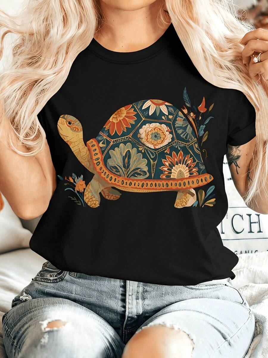 Plus Size - Plus Size - Mujeres Plus Size Arte de verano de la tortuga de las señoras imprimir cuello de la tripulación camiseta de manga corta cómoda suave elegante estilo vintage toda la temporada mediano estiramiento tela tamaños S XXL moda impresa camiseta casual