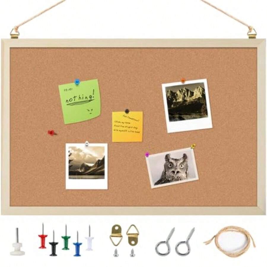 Tablero de Corcho para Pared Tablero de Mensajes Suave Tablones de Anuncios Colgante Pizarrón de Corcho con 5 Chinchetas Corkboards Enmarcado Tablón de Fotos Funcional para Oficina Hogar Aula 60*40cm - Caqui - Ver 1