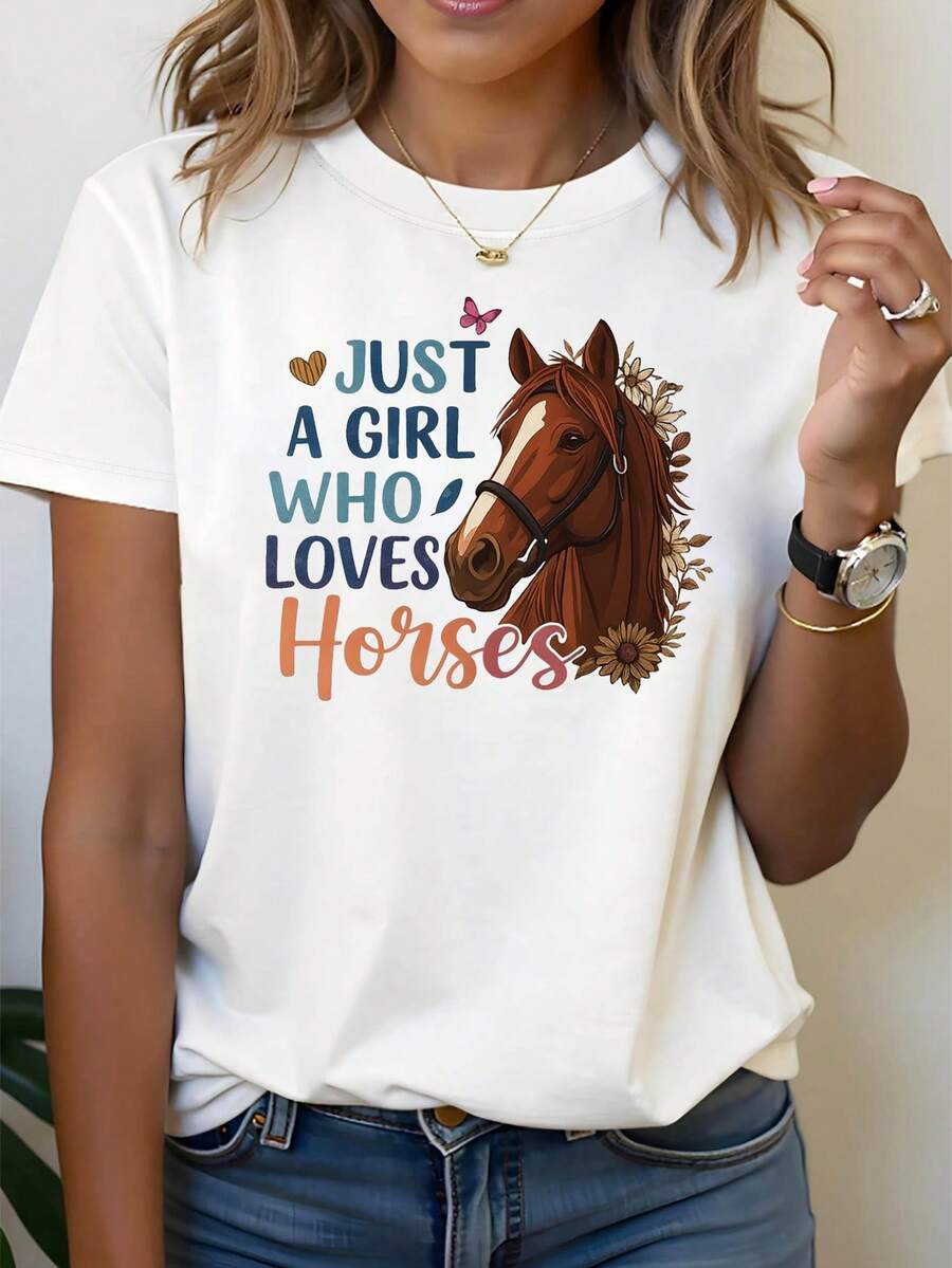 Just A Who Loves Horses | Camiseta casual de cuello tripulación de manga corta de verano con estampado gráfico de cabeza de caballo marrón de la mujer | Ideal para el estilo diario, las salidas y los regalos de vacaciones