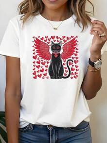 Black Cat With Red Wings, Heart Graphic Print, Women's Spring/Summer Short Crew Sleeve T-Shirt, Casual Everyday Style, Daily Outing, Holiday Gift - 白色 - 查看 1