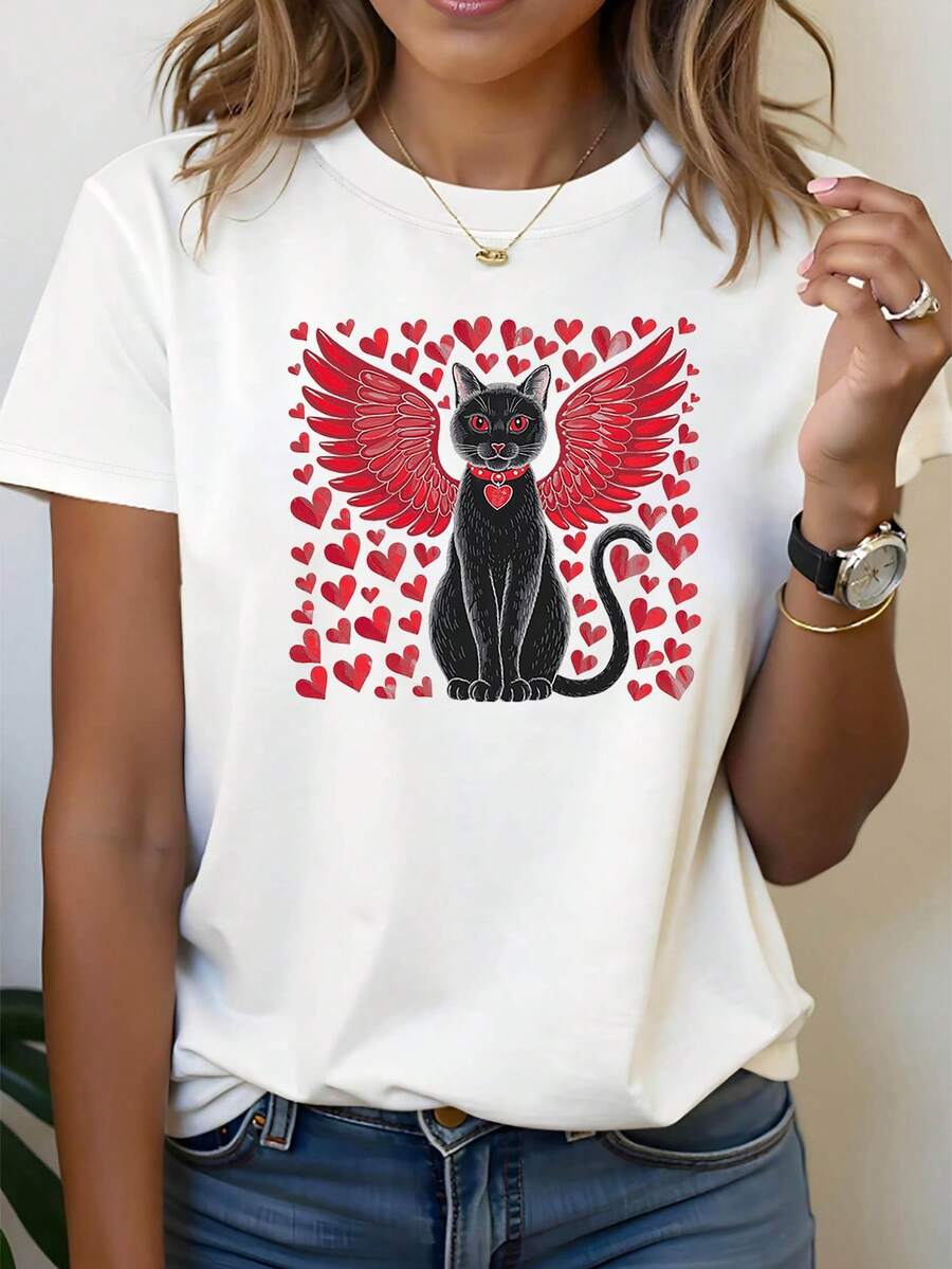 Black Cat With Red Wings, Heart Graphic Print, Women's Spring/Summer Short Crew Sleeve T-Shirt, Casual Everyday Style, Daily Outing, Holiday Gift - 白色 - 查看 1