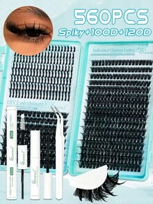 Bộ dụng cụ nối mi 560 món, bao gồm các cụm mi giả mềm mại, keo dán mi và chất làm kín, nhíp nối mi, dung dịch tẩy mi, các cụm mi giả hỗn hợp, mi giả trông tự nhiên. - màu đen - Xem 2