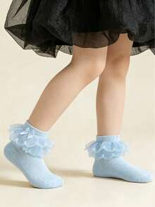 1 Pair Cotton Girls' Solid Color Mesh Socks With Double Lace, Dance Party Socks - Baby Blue - View 2