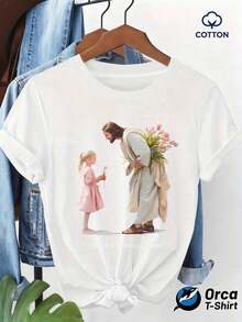 Camiseta de algodón con estampado floral de Jesús y una niña, temática religiosa, top de manga corta holgado para mujer, ropa casual para uso diario, diseño moderno y sencillo - Estilo vintage urbano, camiseta unisex de algodón holgada de manga corta con cuello redondo. - Blanco - Ver 6