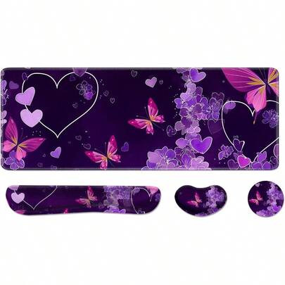 Alfombrilla de escritorio y reposamuñecas para teclado, Alfombrilla grande para ratón + Alfombrilla para teclado + Soporte para muñeca de ratón, Protector de escritorio antideslizante para oficina y hogar de 31.5*11.8 pulgadas en color morado