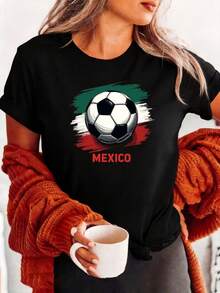 Women's T-Shirt With Cartoon Print Featuring A Soccer Ball And Mexican Flag, Plus Size, Round Neck, Short Sleeve, Casual Style, Sporty, Urban Fashion, Casual For Summer And Spring, Versatile Women's Clothing, For Everyday Wear, Ideal For Daily Outings, Sweat-Wicking, Quick-Drying, Versatile Round Neck - 黑色 - 查看 1