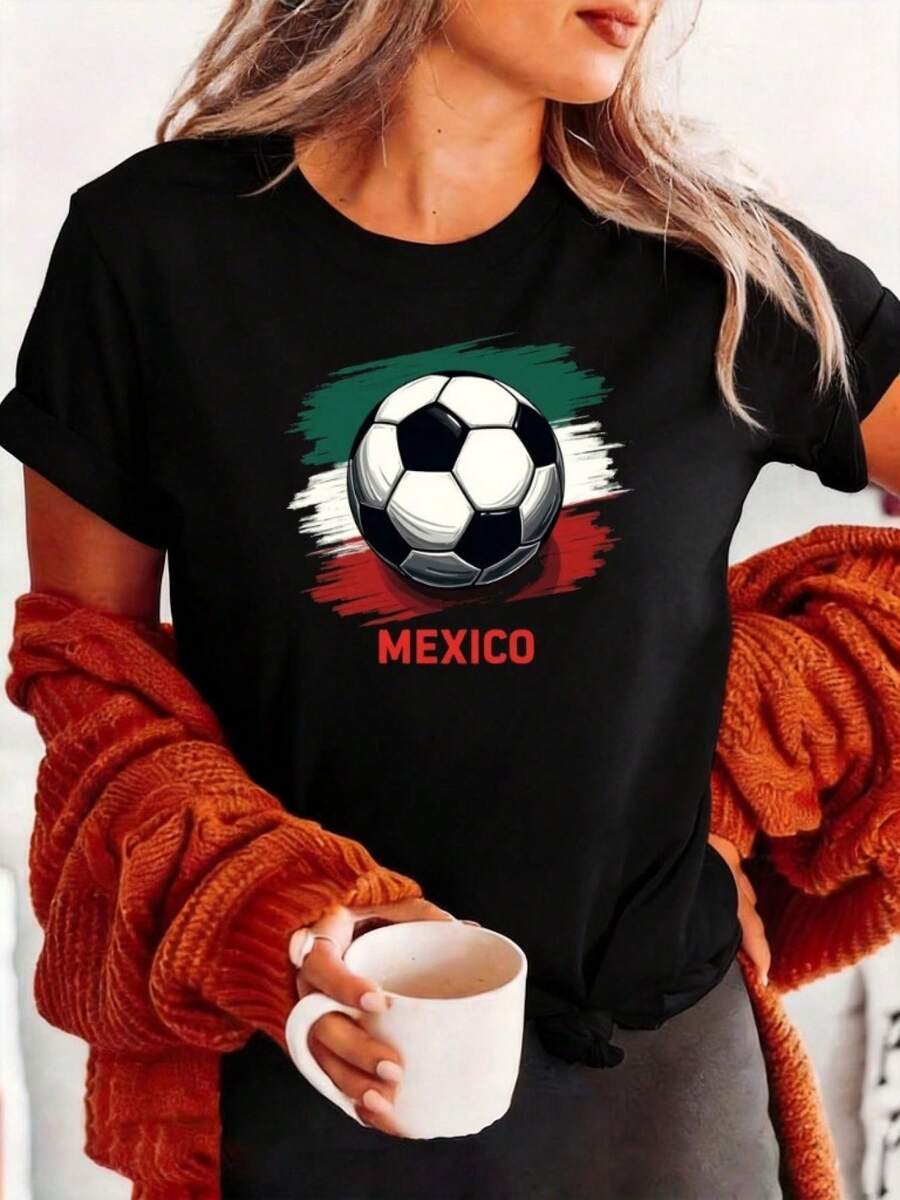 Women's T-Shirt With Cartoon Print Featuring A Soccer Ball And Mexican Flag, Plus Size, Round Neck, Short Sleeve, Casual Style, Sporty, Urban Fashion, Casual For Summer And Spring, Versatile Women's Clothing, For Everyday Wear, Ideal For Daily Outings, Sweat-Wicking, Quick-Drying, Versatile Round Neck - 黑色 - 查看 1