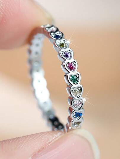 1 Single Elegant Women's Ring Featuring A Heart-Shaped Zirconia Set In A Row With Colored Gemstones - Perfect As A Unique Jewelry Piece Or Fashion Accessory For Women, Or As A Birthday Gift Or Everyday Accessory For Her