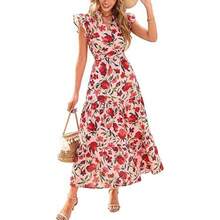 Bestseller Long V-Neck Pleated Ruffle Sleeve Printed Dress - Burgundy - View 6