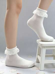 French Lace Ruffle Socks For Women, Lightweight Spring/Summer, INS Style Floral Lace, Versatile, Breathable, Girl Socks - White - View 6