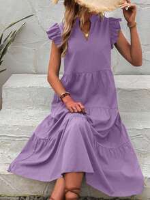 Vestido de esmoquin con cuello en pico y ribete de volantes para ropa de Año Nuevo, vestidos largos para vacaciones y atuendos de playa para mujeres - Morado - Ver 4
