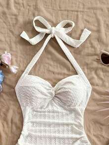 AVestido mini sexy con espalda descubierta, corbata en el cuello, dobladillo fruncido y doble capa, adecuado para fiestas, citas, San Valentín - Blanco 2 - Ver 4