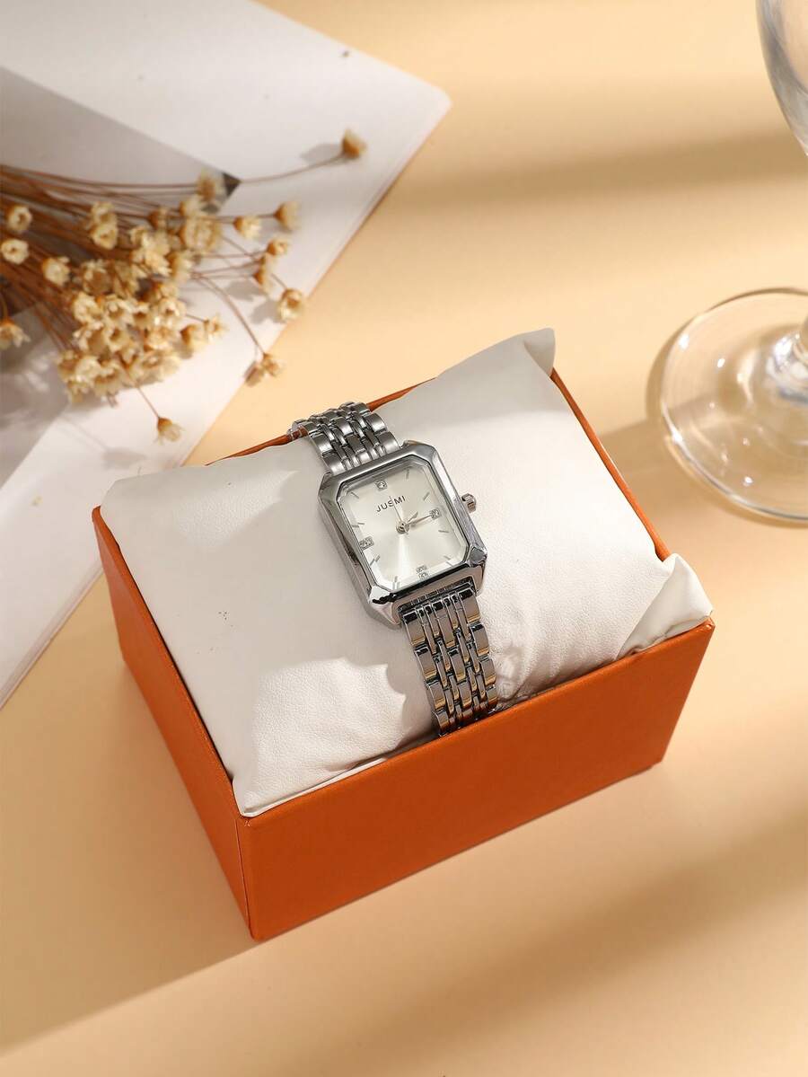 1pc Vintage Silver Square Dial Girl's Watch, Minimalist Steel Band Quartz Wristwatch, / Year-End Promotion / Birthday Gift / Holiday Gift - Silver - View 1