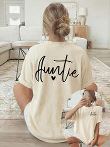 Women's T-Shirt With Double-Sided Front/Back Print - Short Sleeve, Round Neck, Casual Style, Suitable For Casual Wear, Machine Washable, With "Auntie" And Heart Print, Non-Blouse Style For Layering Or Wearing As A Top, 100% Cotton - 杏色 - 查看 12