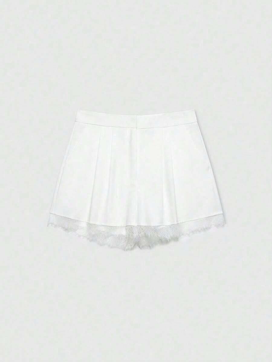 Pantalones cortos casuales de verano de unicolor con volantes y encaje - Blanco - Ver 1