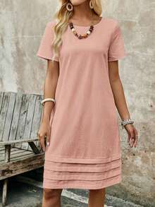 Vestido casual recto de unicolor, cuello redondo, manga corta para mujer, de verano - Rosa 2 - Ver 5