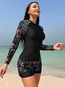 Swim SPRTY Rashguard de manga raglán con estampado tropical para playa de verano - Multicolor 2 - Ver 3