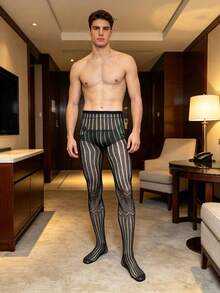 Men's Sexy Fishnet Tights, Hollow See-Through Elastic Knit Socks - Black - View 9