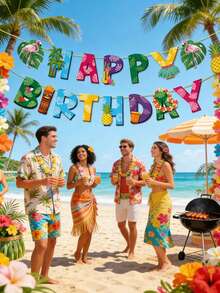 2件組夏威夷生日橫幅，夏威夷生日快樂橫幅，夏威夷火烈鳥棕櫚葉Aloha主題生日橫幅，熱帶夏季度假派對裝飾，生日派對裝飾，適用於夏季海灘慶祝室內/室外派對懸掛裝飾 - 多色 - 查看 3