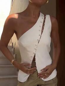 Womens One Shoulder Tank Tops Stylish Diagonal Buttons Asymmetrical Hem Solid Color Slim Fit Sleeveless Vest For Summer - White - View 1