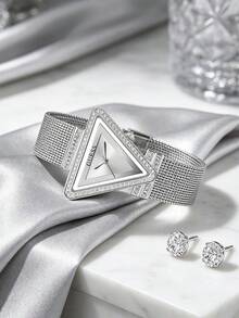 Guess Fame Series Silver Triangle Case Watch With Crystal Decor, Accessory, Brand Gift, Daily Commute & Date Outfit Watch, Anniversary Gift For Girlfriend/Best Friend, Comes With Original Watch Box GW0508L1 - Silver - View 3