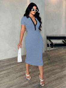 Vestido polo de manga corta a rayas blanco y negro de estilo minimalista y casual para ir al trabajo, vestido de punto de media longitud con ajuste ceñido y gran elasticidad, vestido elegante francés - Azul - Ver 4