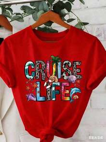 Women's Short-Sleeved Crew Neck T-Shirt With A Summer-Themed "Cruise Life" Letter Print, Made From Pure Cotton, With A Beach-Inspired Design. A Stylish New T-Shirt For Mother's Day, A Summer Essential, 100% Cotton Crew Neck: Butter Yellow T-Shirt For Summer Photoshoots - 紅色 - 查看 2