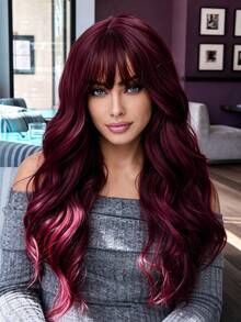 XOUJE 26 Inch Burgundy Long Wavy Wig With Bangs - Plum Red Heat Resistant Synthetic Machine Made Natural Hair For Women's Daily Wear, Cosplay & Party - Redwood - View 3