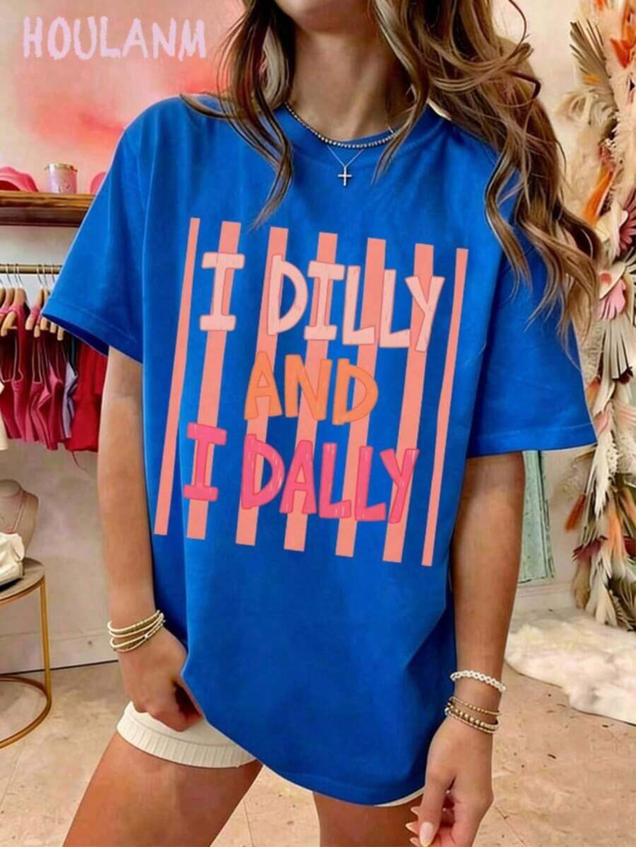 GiftGiftGiftGiftMexican National Soccer Team T-Shirt Women's Pink Striped Graphic T-Shirt "I Dilly And I Dally" | Spring Tops, Plus Size Short Sleeve T-Shirt, Women's Clothing, Women's Summer T-Shirts, Soft.SoftSoft - 藍色 - 查看 1