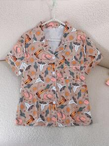[Livanti Pajamas]2pcs/Set Women Sleepwear Set, Cooling Short Sleeve, Lapel Button Front Short Sleeve, Comfortable Loose Fit, Cartoon Floral Cowboy Boot Pattern, Suitable For All Seasons - Brown - View 3