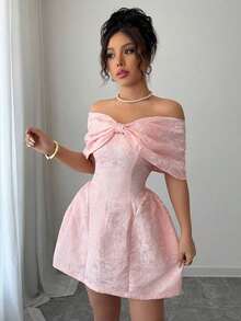 Minifalda de mujer con cuello con lazo y tela de jacquard para primavera/verano con hombros descubiertos - Rosa - Ver 8