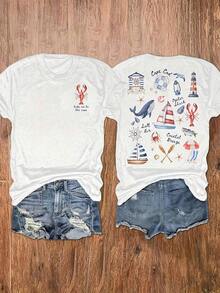 [Local Delivery] Women's T-Shirt, Round Neck Lobster Print T-Shirt, Casual Short Sleeve Vacation Top, Women's Clothing - 白色 - 查看 7