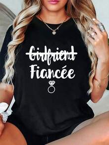 Camiseta de manga corta "Dije Sí" para novia, regalo de compromiso, camiseta divertida para verano - Negro - Ver 6
