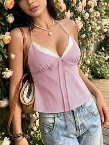 Camiseta de mujer para primavera/verano, camiseta sin espalda con parches de encaje, top sin mangas con bajo acampanado, conjunto elegante y ajustado con estilo Y2K - Rojo y blanco - Ver 3