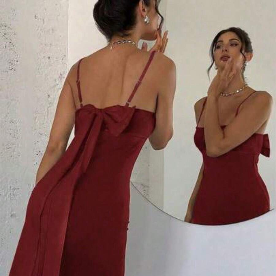 Women's Elegant Minimalist Exquisite Romantic Sweet Wedding Ceremony Party Vacation Backless Colorblock Bow Decor Black & White Spaghetti Strap Long Dress, Spring/Summer,Party Dress Fashion Clothing Summer Outfits Spring Outfits For Women Wedding Guest Dress Summer Holiday - Burdeos - Ver 1